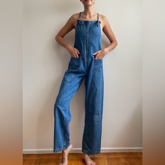 Vintage 90s y2k overalls denim jean straight leg square neck utility cargo small - Picture 3 of 16